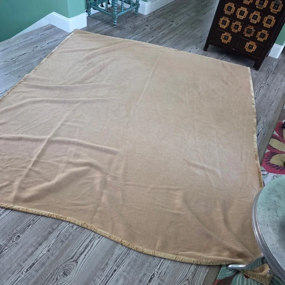 Vintage Camel Tan Wool Blend Blanket Velvet Binding Trim Oversized 94x84 Rustic